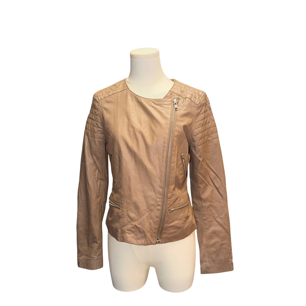 BB Dakota Leather Moto Jacket Womens Small Tan Good Quilted Asymmetrical Zip